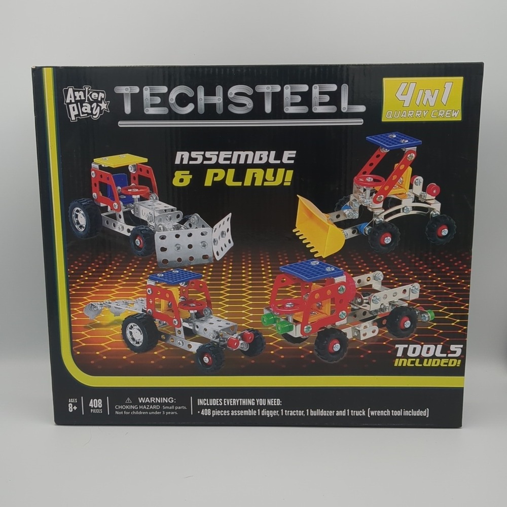 Tractor, Bull Dozer, Loader, Truck, Tech Steel 4 In 1 Quarry Crew 408 pieces New